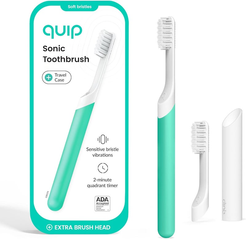 quip Sonic Toothbrush for Adults with Timer - Includes Extra Brush Head and Travel Cover Mount - Electric, Soft Bristle Refill Head, Plastic Handle, 3 Month Battery Life - Travel Toothbrush - Green - Image 1